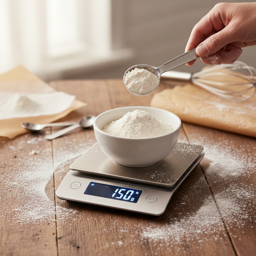 Measuring flour by weight instead of volume improves accuracy and consistency in baking. Even small differences in flour amounts can significantly affect the texture of low-carb breads and baked goods.